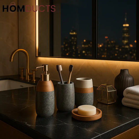 Penthouse Stone & Wood Bathroom Accessory Set – 4 Pcs