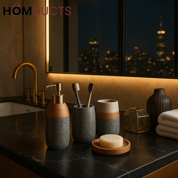 Penthouse Stone & Wood Bathroom Accessory Set – 4 Pcs