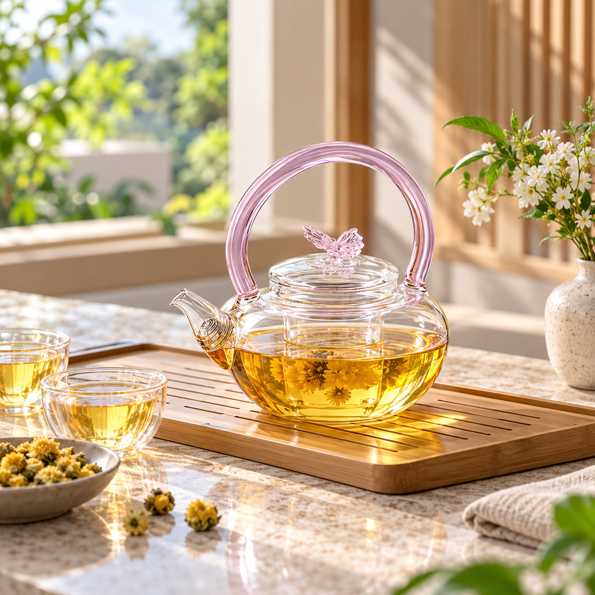 Glass teapot with pink handle and butterfly lid