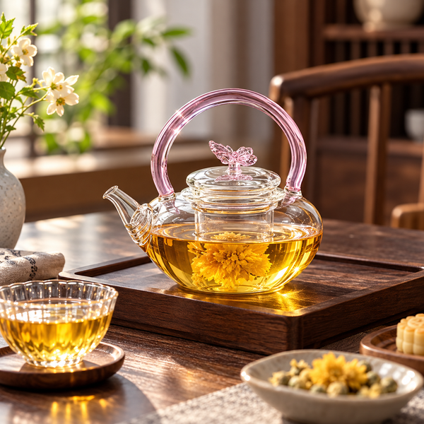 Pink butterfly glass teapot for loose leaf tea