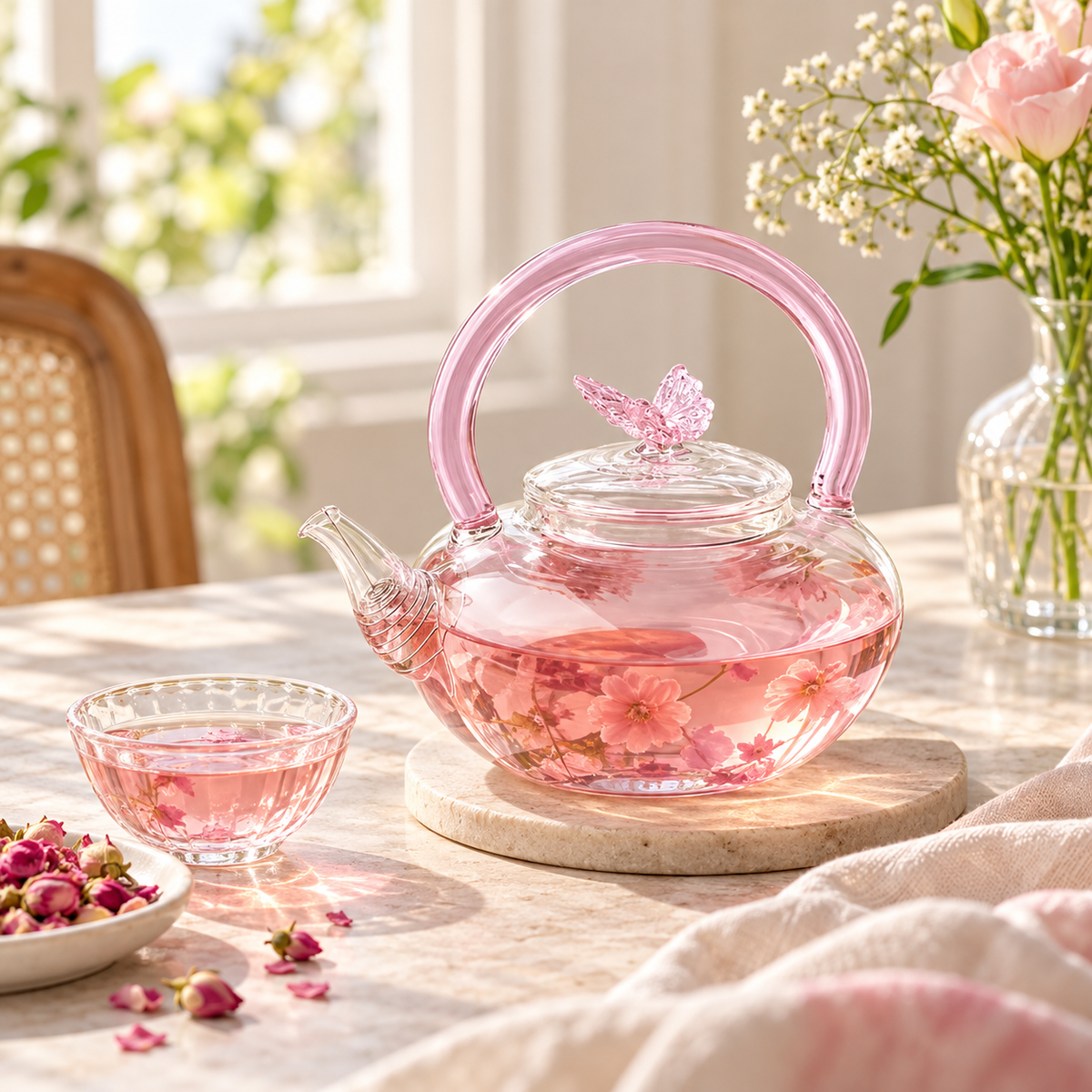 Elegant transparent pink glass teapot
