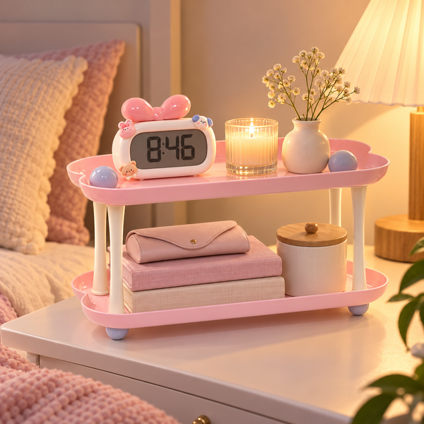 Pink two-tier cloud rectangle organizer for bedside storage