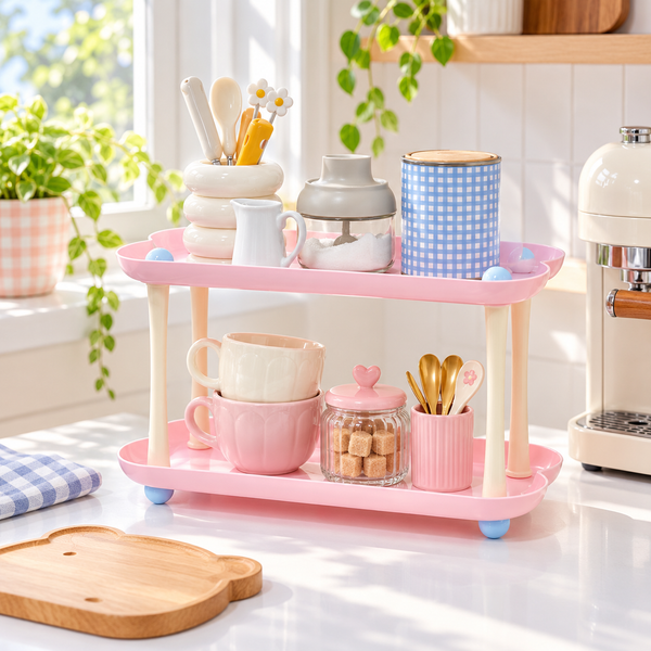 Pink two-tier cloud rectangle organizer styled as a coffee station