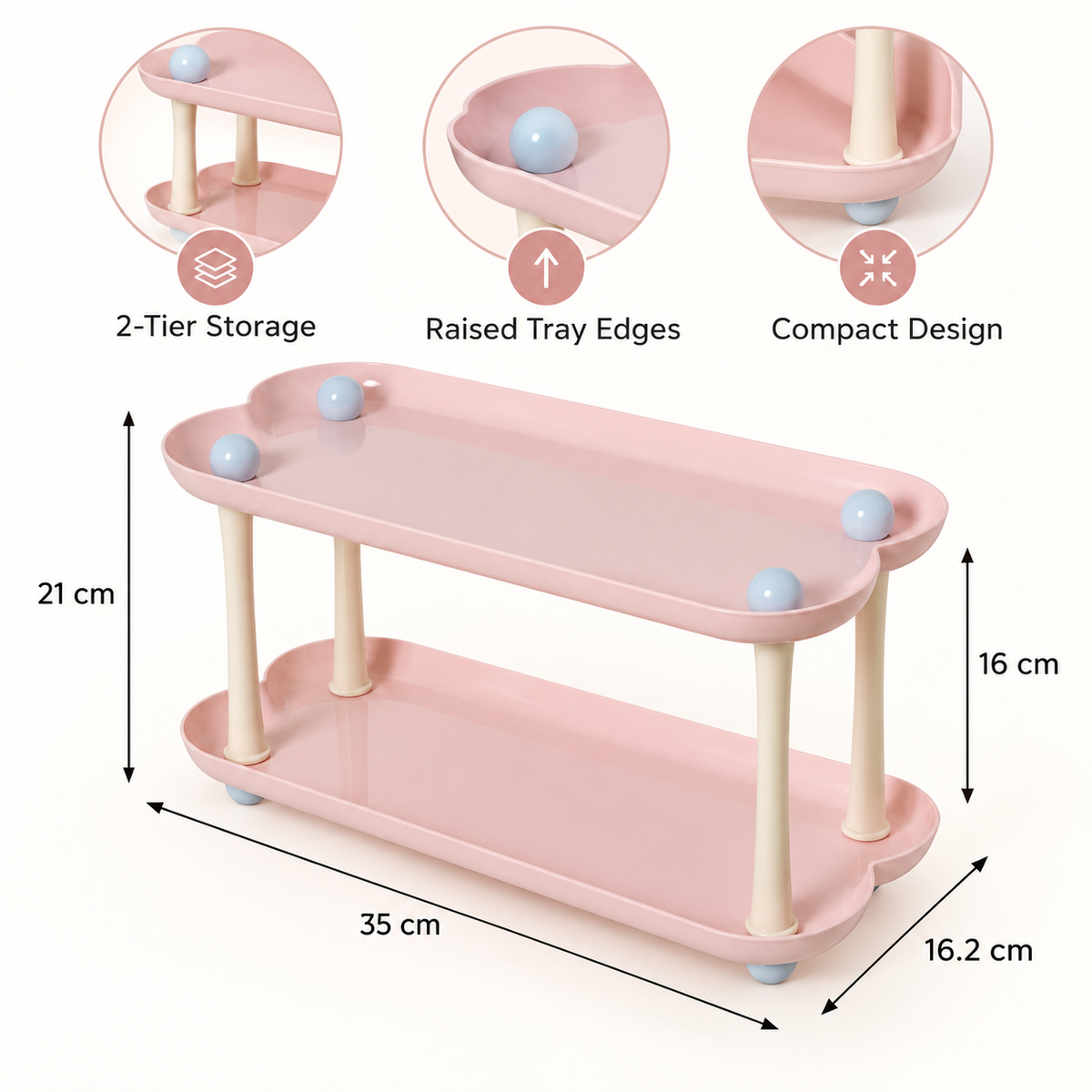 Pink two-tier cloud rectangle organizer dimensions and features