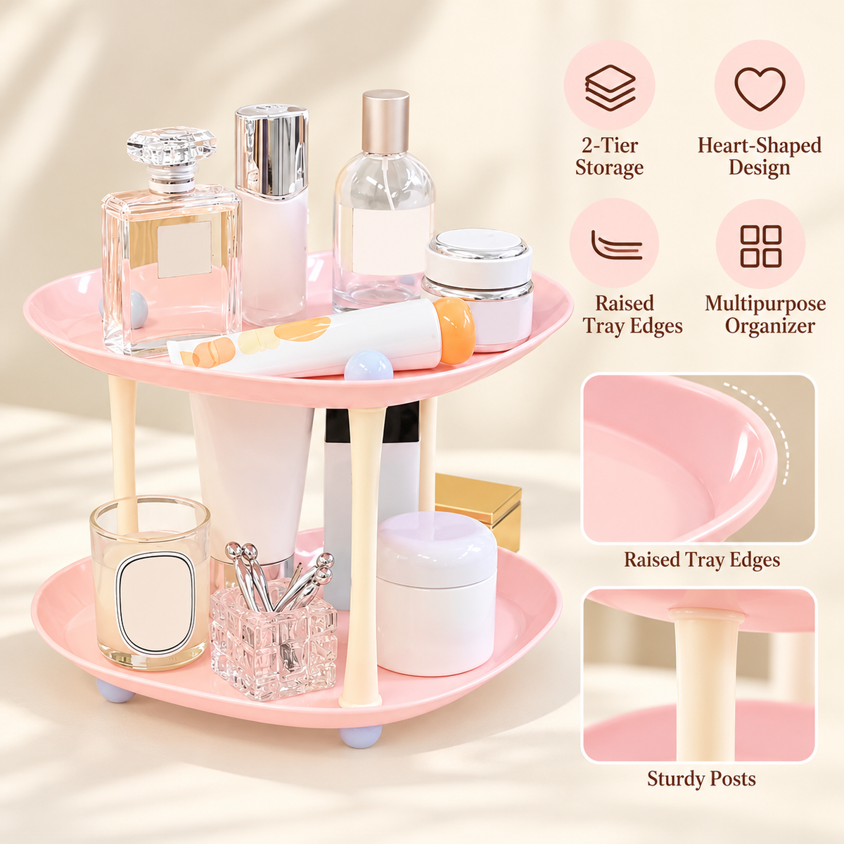 Pink two-tier heart-shaped organizer for bathroom toiletries