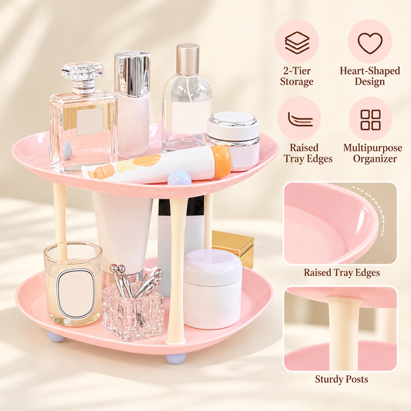 Pink two-tier heart-shaped organizer for bathroom toiletries
