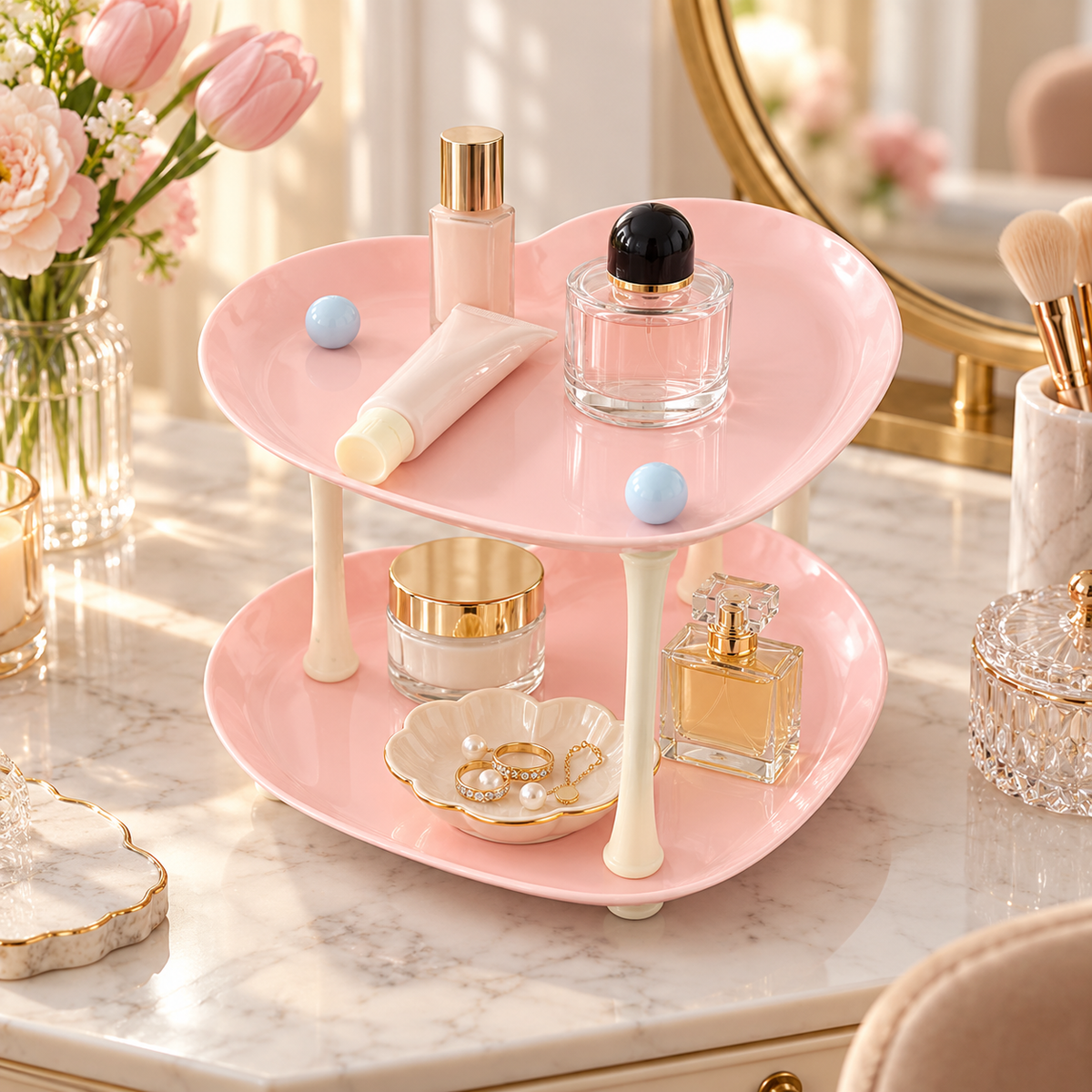 Pink two-tier heart-shaped organizer for bedside essentials