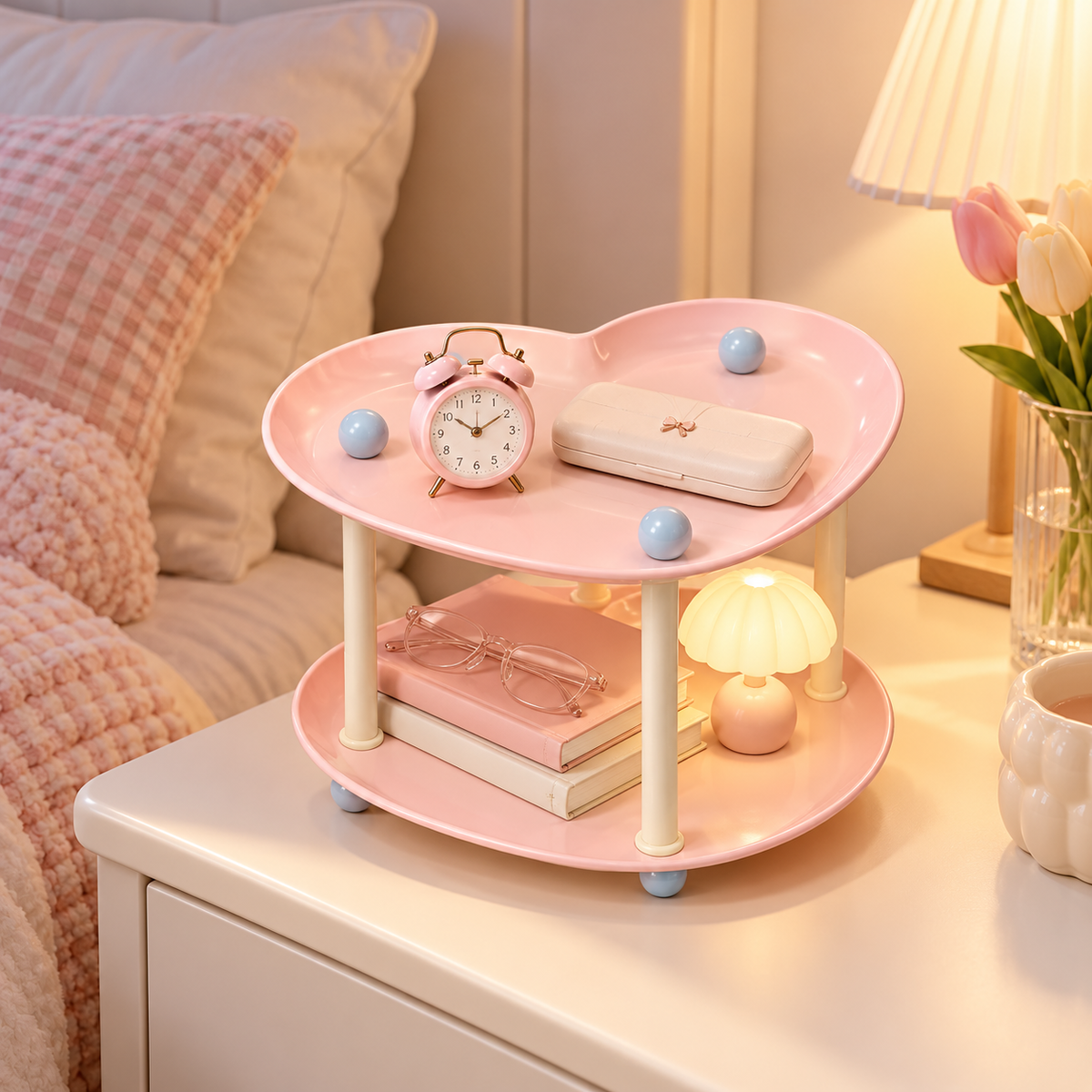 Pink two-tier heart-shaped organizer for vanity and cosmetics