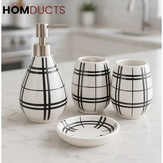 Plaid Elegance Ceramic Bathroom Set – 4 Pcs