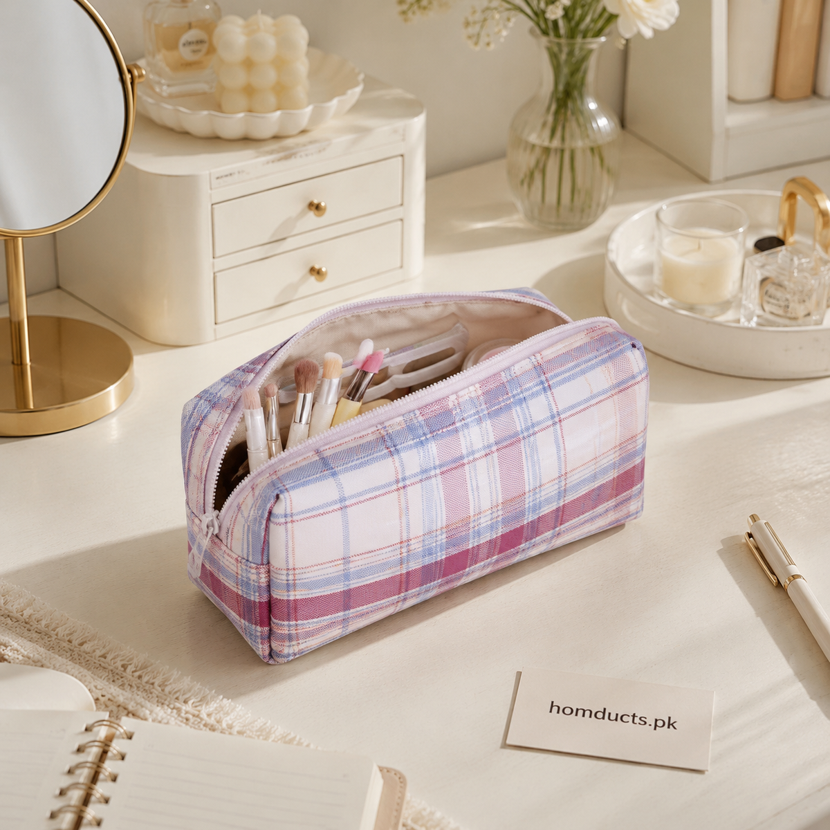 Plaid multipurpose pencil and makeup storage pouch
