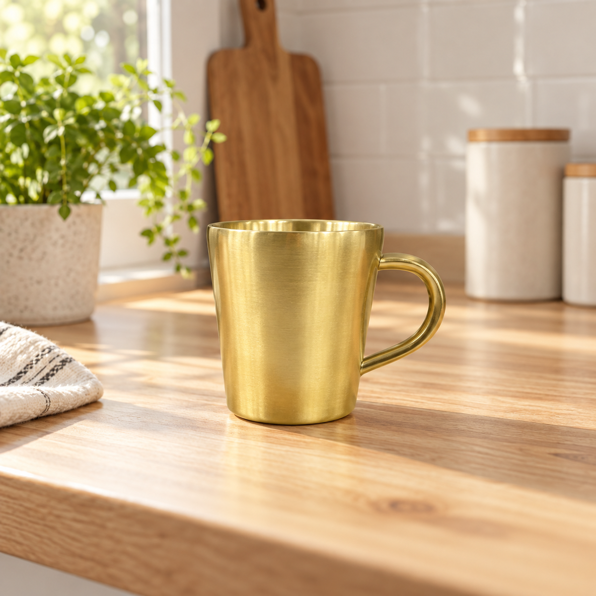 Double-Wall Plain Golden Stainless-Steel Mug with Handle