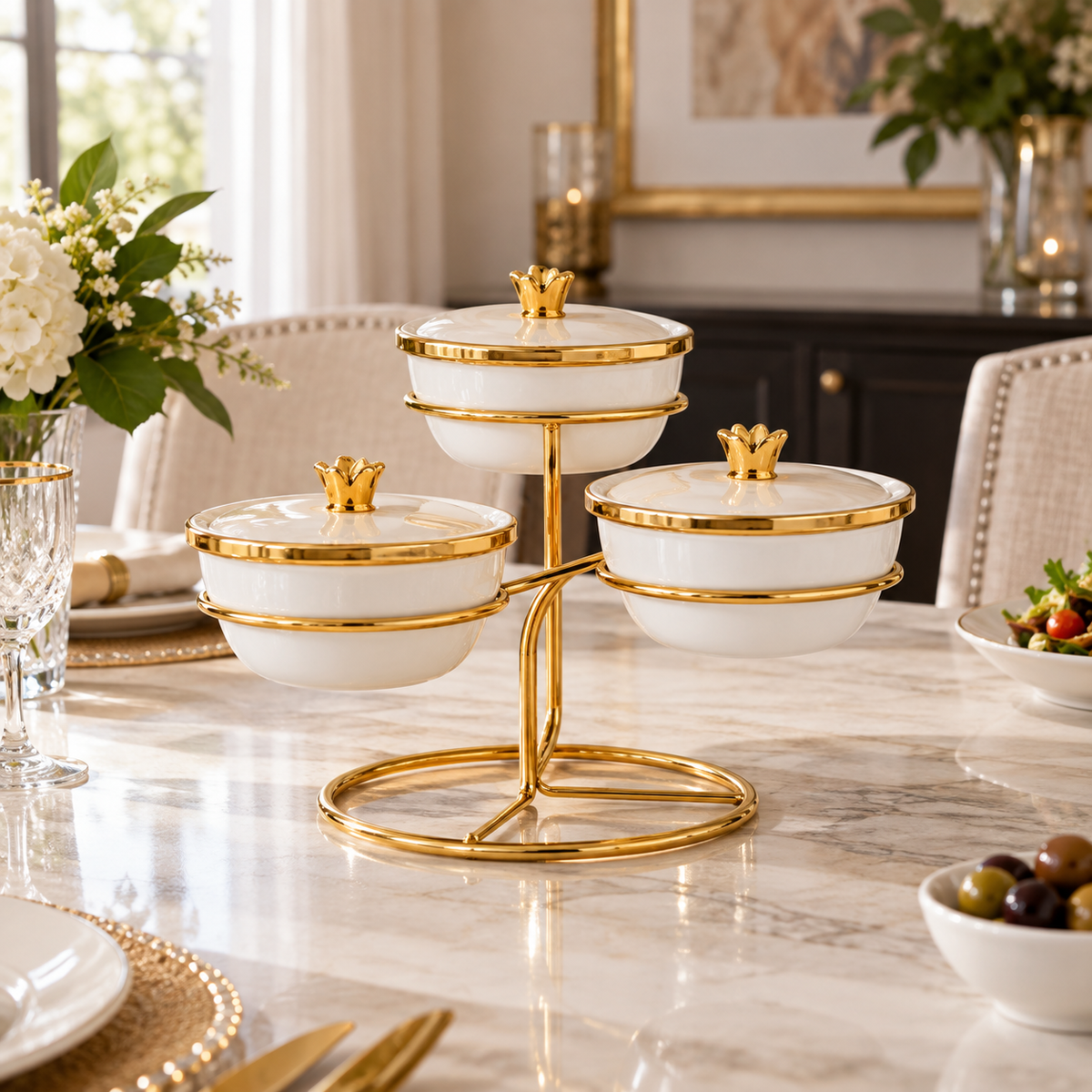 Porcelain condiment serving set with gold stand