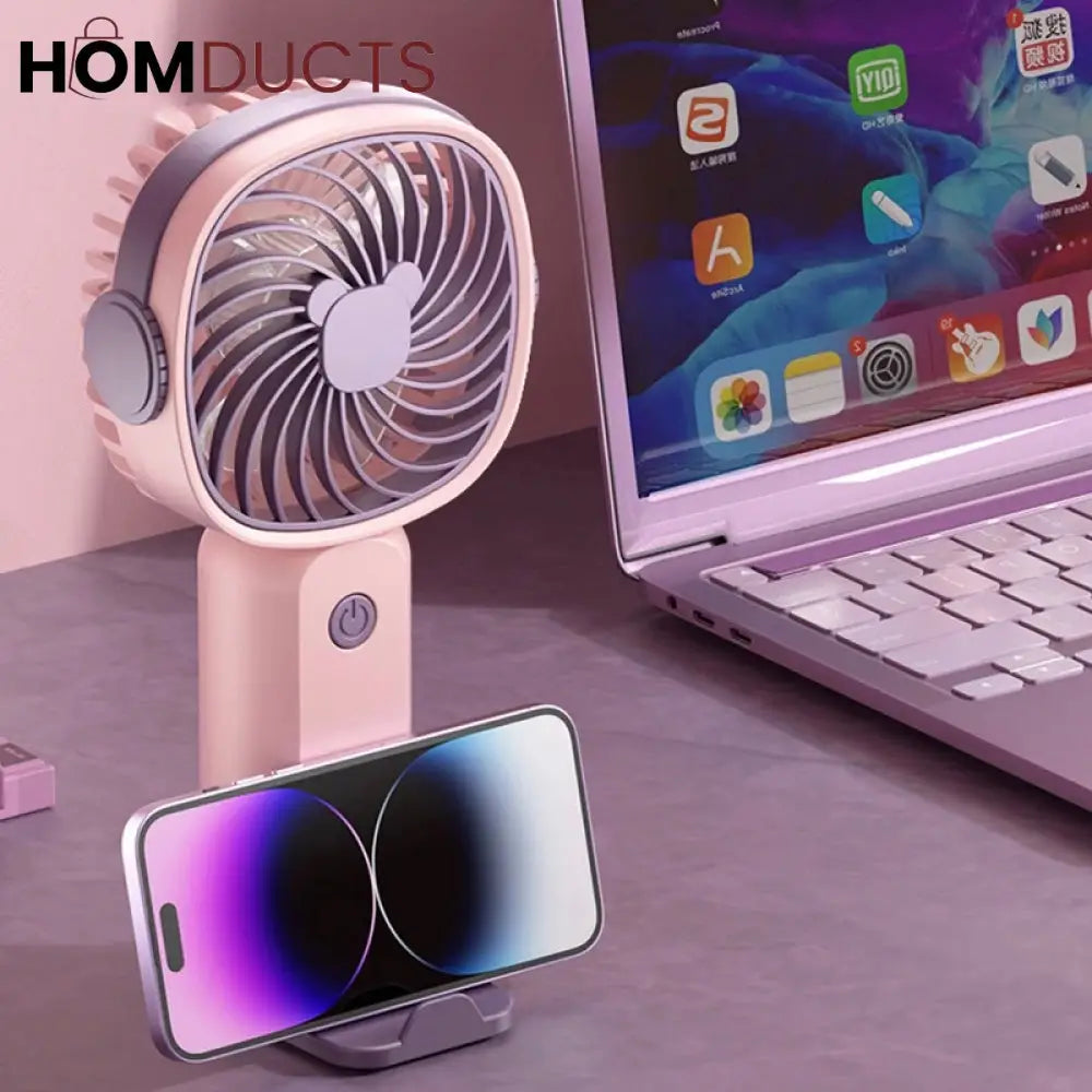 Portable USB Rechargeable Mini Fan with Phone Holder | Fast Charging Handheld Travel & Office Fan