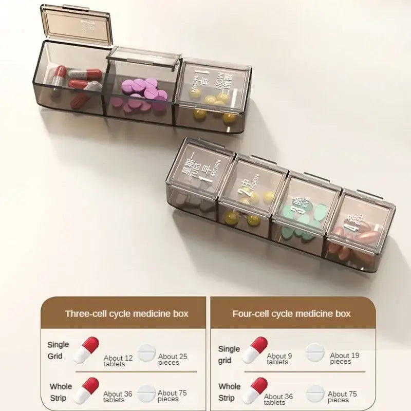 PORTABLE WEEKLY PILL ORGANIZER – 7 DAYS 3/4 TIMES A DAY STACKABLE & COLORFUL DESIGN