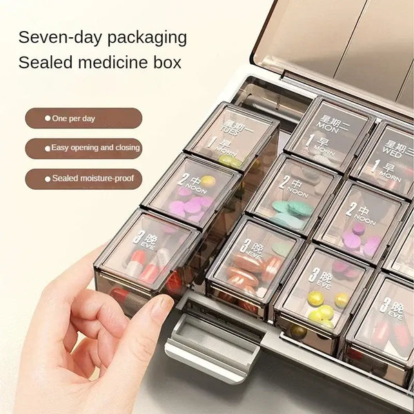 PORTABLE WEEKLY PILL ORGANIZER – 7 DAYS 3/4 TIMES A DAY STACKABLE & COLORFUL DESIGN