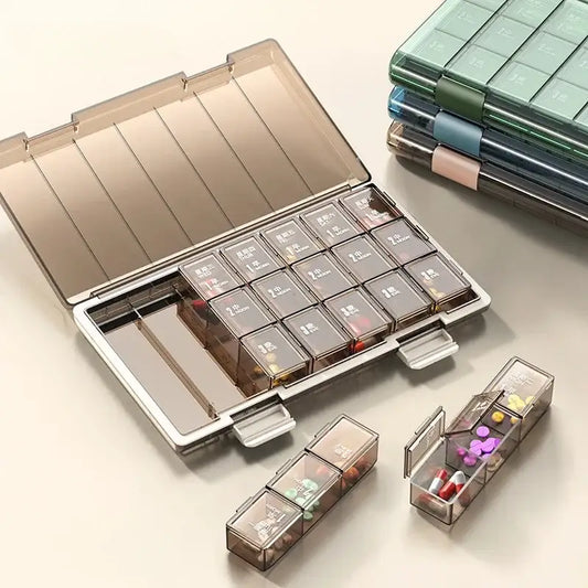 PORTABLE WEEKLY PILL ORGANIZER – 7 DAYS 3/4 TIMES A DAY STACKABLE & COLORFUL DESIGN