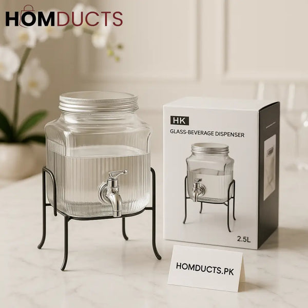 Premium 2.5L Glass Beverage Dispenser with Stand – Elegant Drink Server for Parties & Home