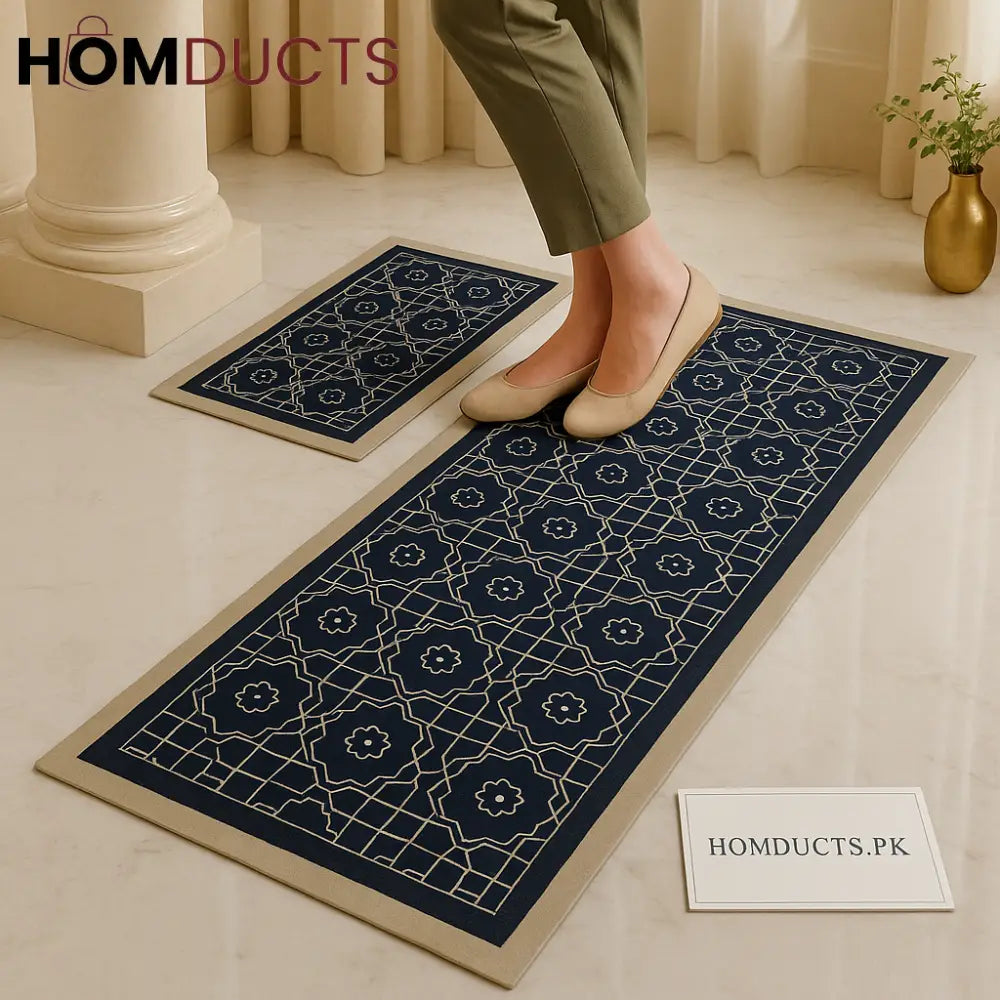 Premium 2 Piece Anti Slip Kitchen Mat Set – Large & Small Luxury Geometric Design