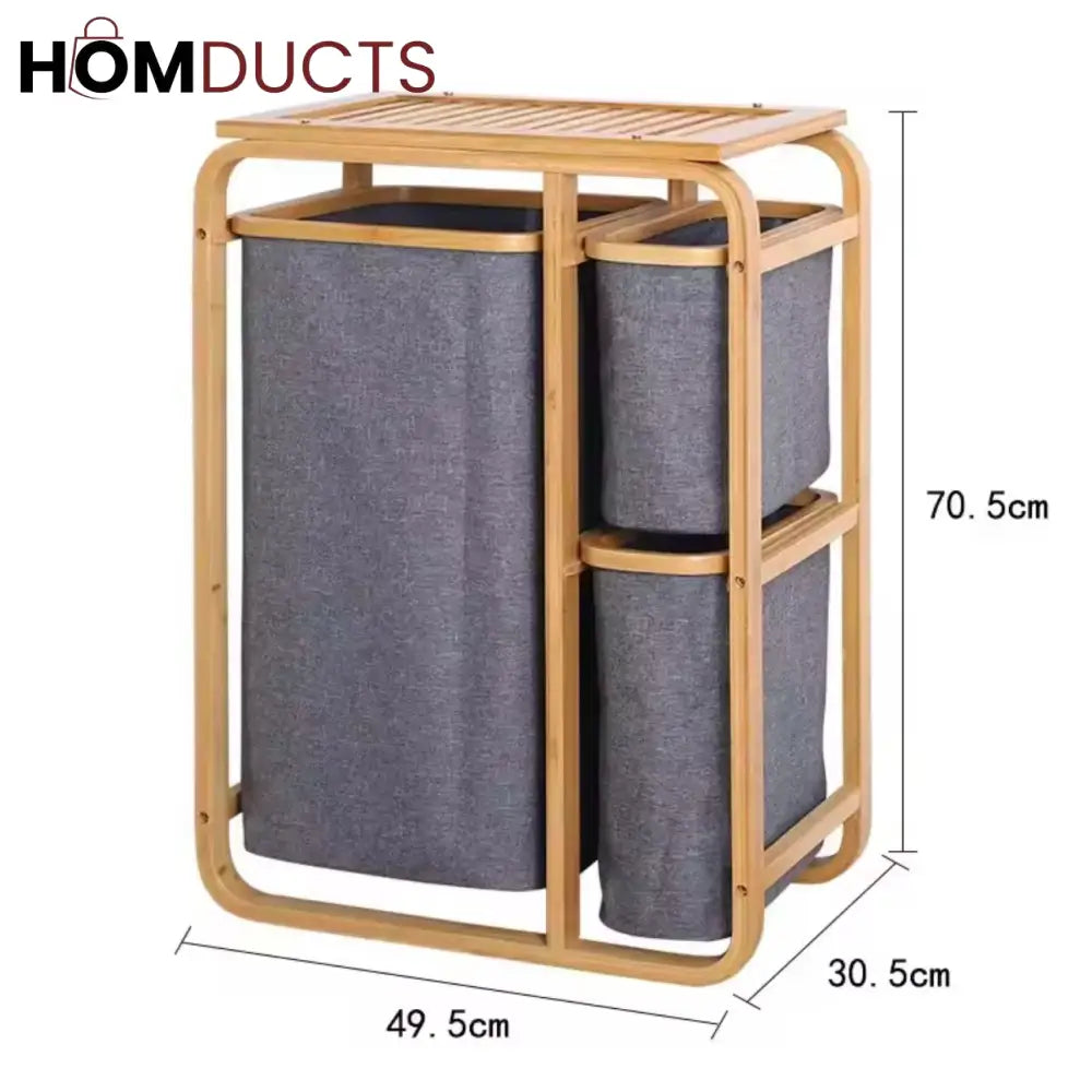 Premium 3 Section Bamboo Laundry Hamper with Removable Fabric Bags – Space Saving & Elegant Organizer