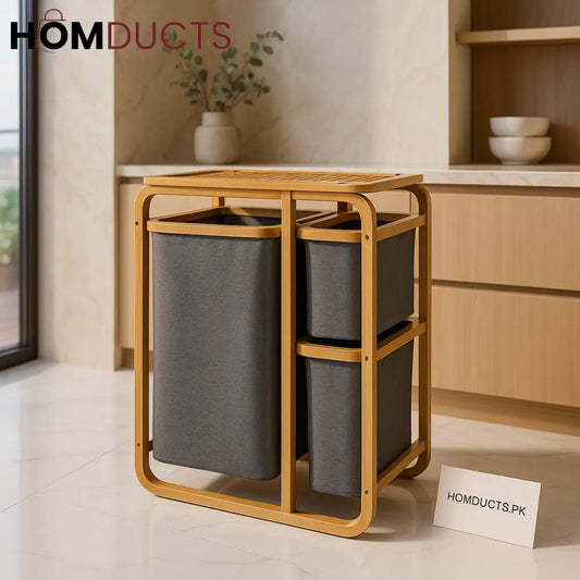 Premium 3 Section Bamboo Laundry Hamper with Removable Fabric Bags – Space Saving & Elegant Organizer
