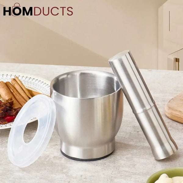 Premium 304 Stainless Steel Garlic Press & Pill Crusher - Manual Mortar and Pestle Set Rust-Proof Kitchen Tool