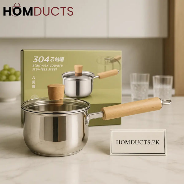 Premium 304 Stainless Steel Saucepan with Wooden Handle & Glass Lid (18cm)