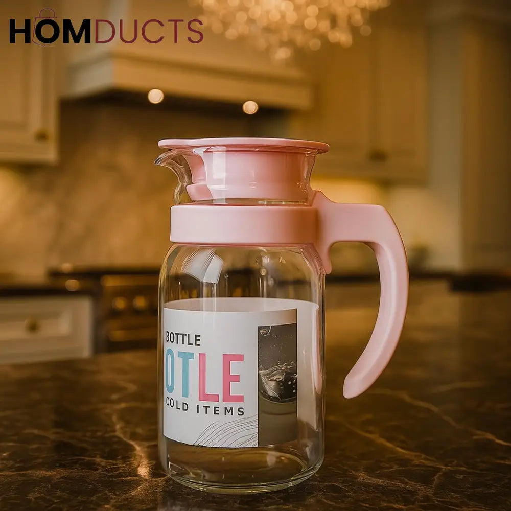 Premium 1000ML Glass Cold Water Pitcher with Pink Lid – Elegant Fridge Bottle