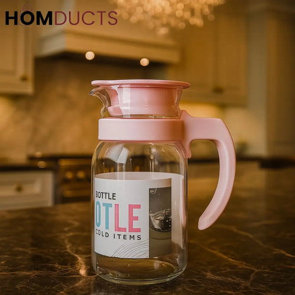 Premium 1000ML Glass Cold Water Pitcher with Pink Lid – Elegant Fridge Bottle