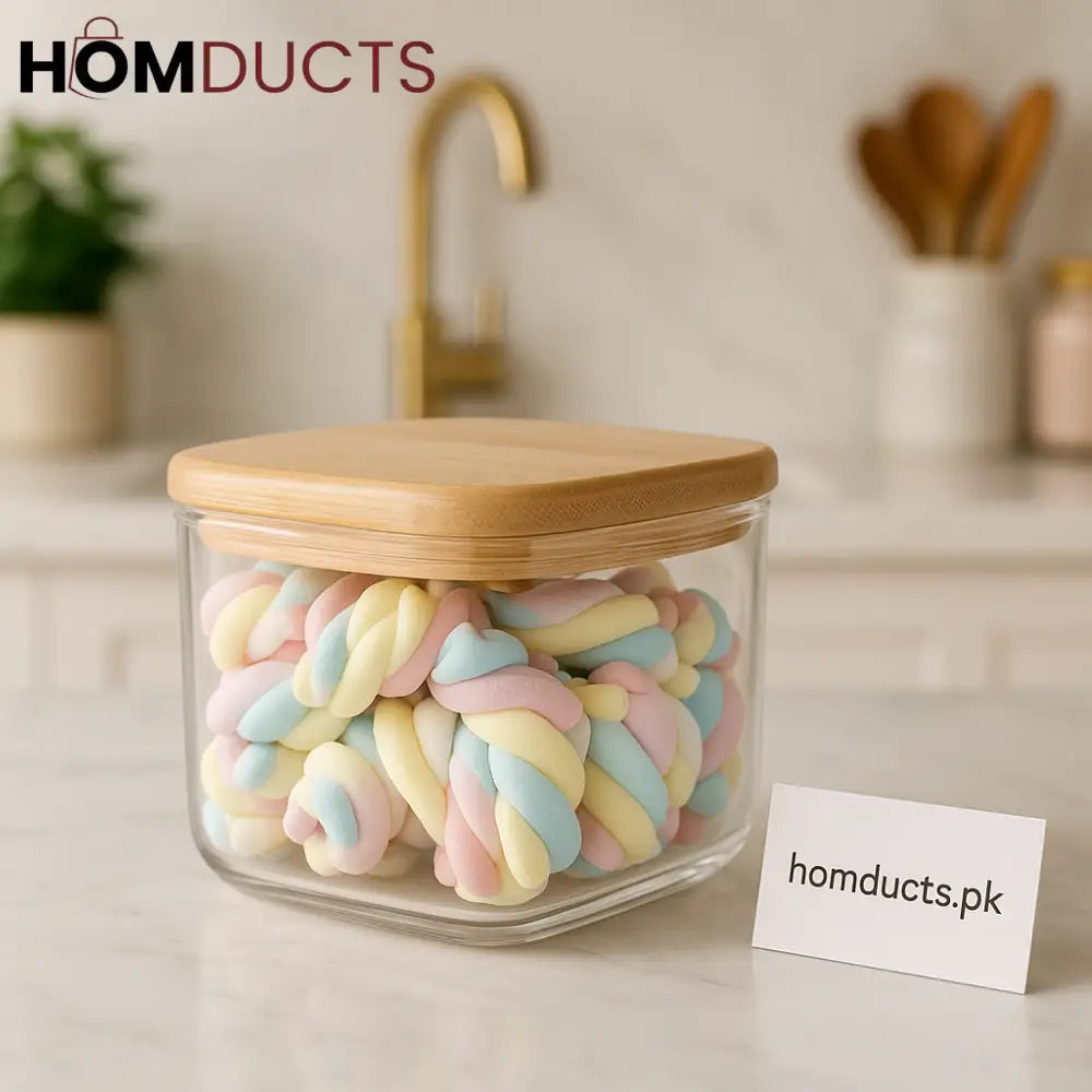 Premium Airtight Glass Storage Jar with Bamboo Lid – Luxury Kitchen Organizer (Small)