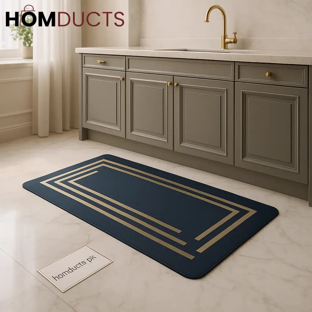 Premium Anti Slip Mat – Navy Blue with Gold Accents | 56 x 118 cm | Luxury Kitchen & Home Floor Mat