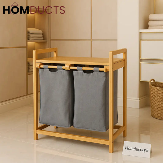 Premium Bamboo Double Laundry Hamper with Removable Fabric Bags – Space Saving Organizer