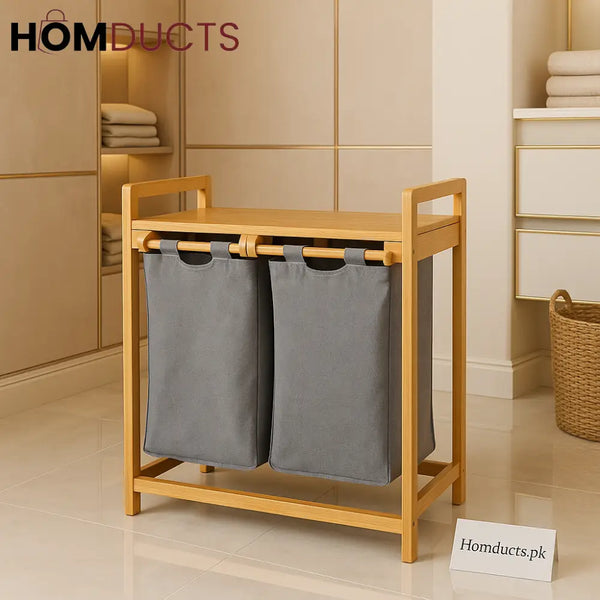 Premium Bamboo Double Laundry Hamper with Removable Fabric Bags – Space Saving Organizer