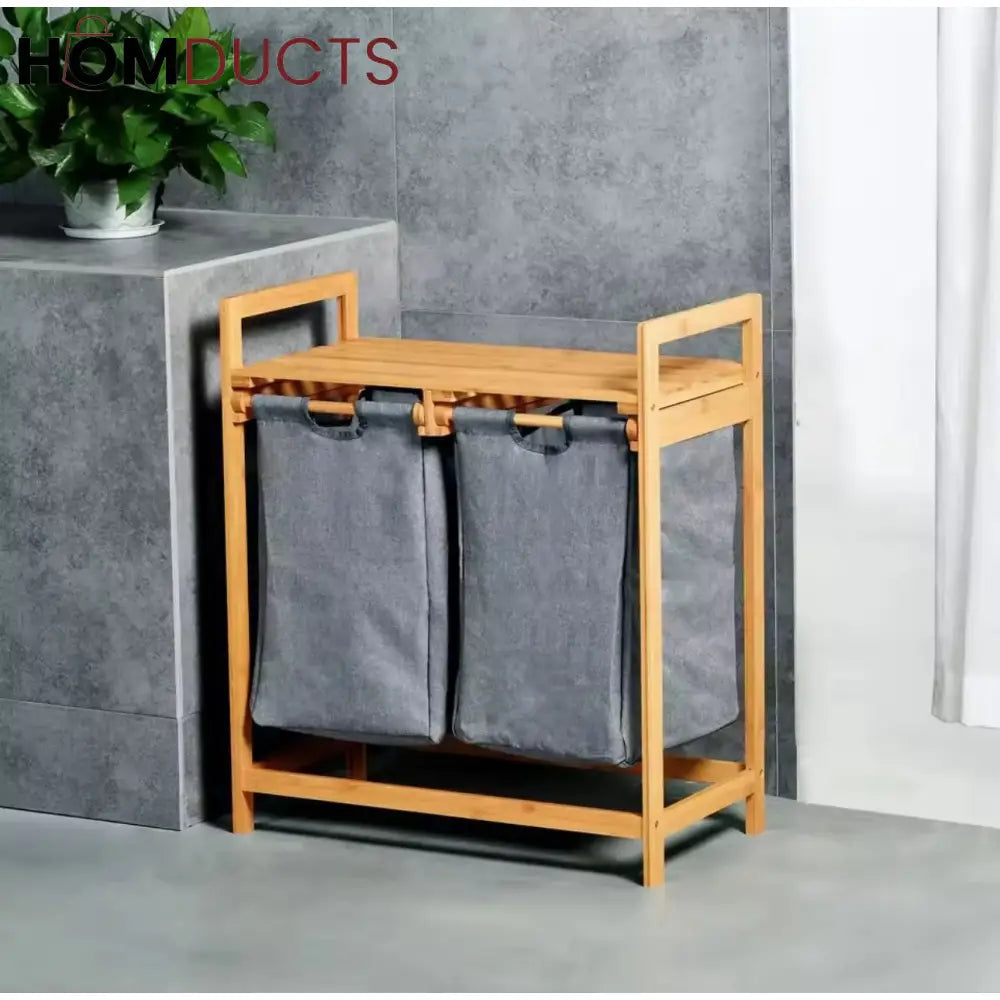 Premium Bamboo Double Laundry Hamper with Removable Fabric Bags – Space Saving Organizer
