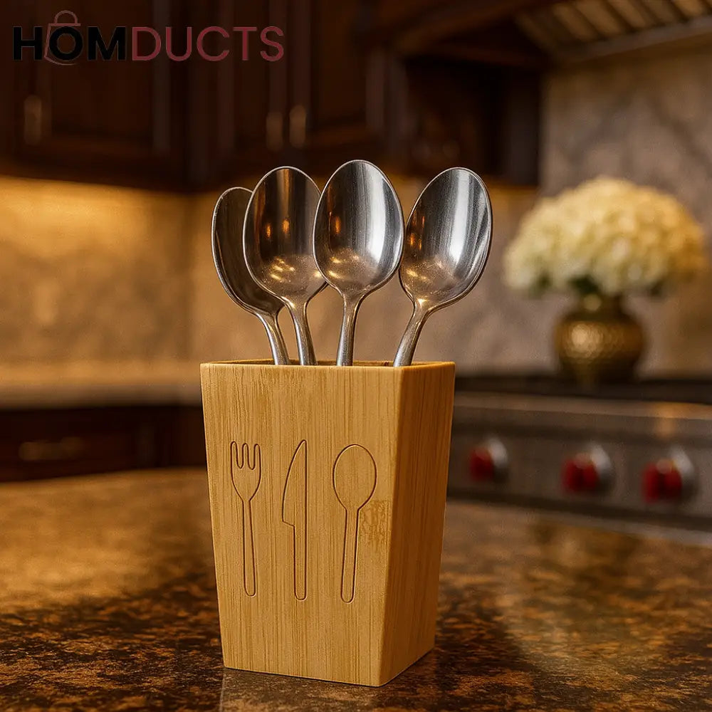 Premium Bamboo Spoon Holder – Utensil Organizer for Kitchen Countertop