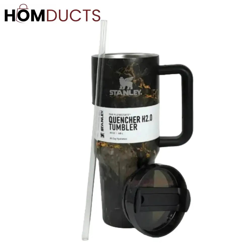Premium Black Marble Stanley Quencher H2.0 Tumbler 40oz – Insulated Travel Mug with Handle & Straw