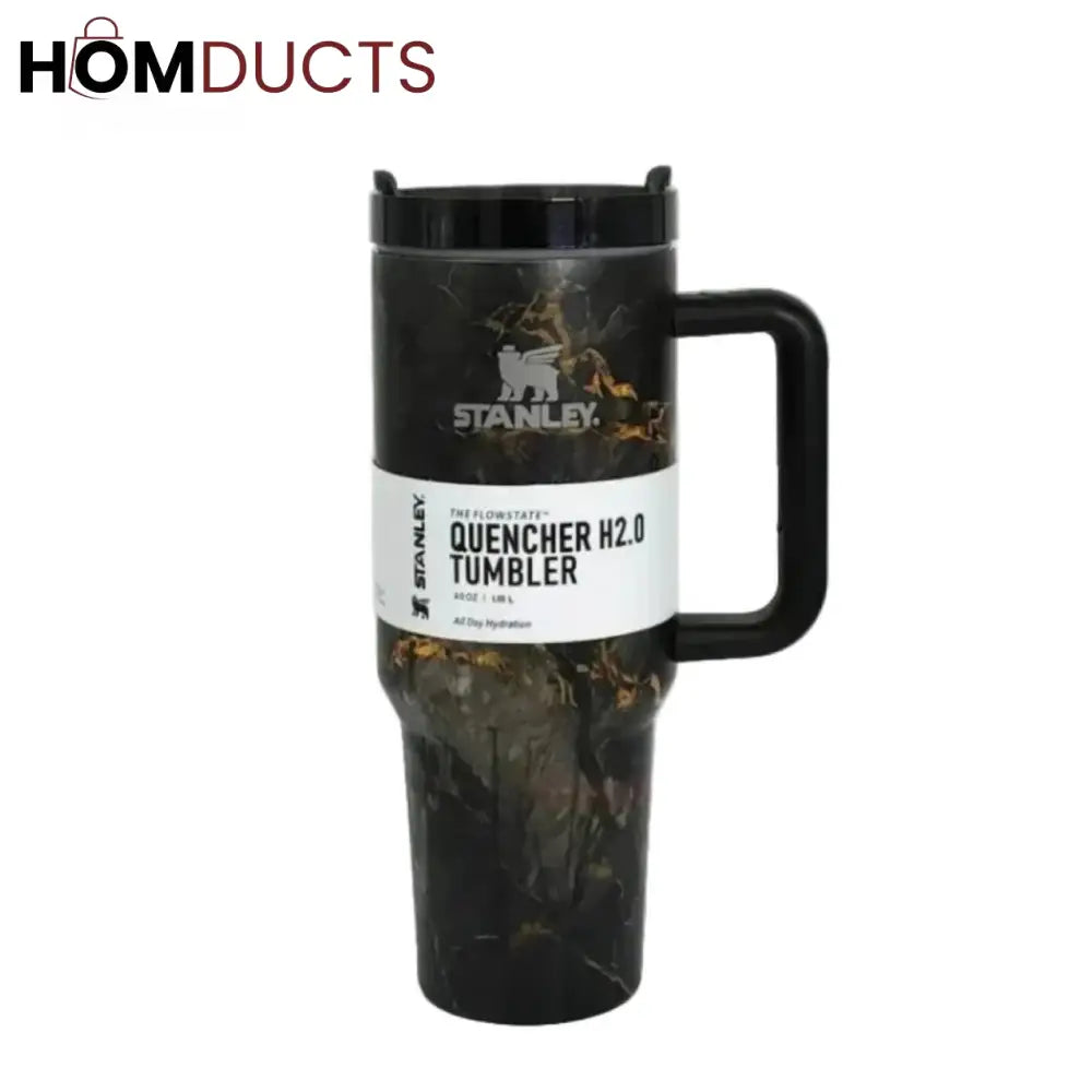 Premium Black Marble Stanley Quencher H2.0 Tumbler 40oz – Insulated Travel Mug with Handle & Straw