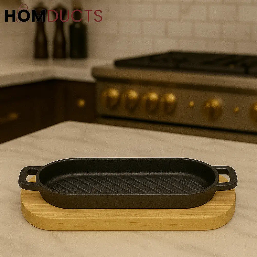 Premium Cast Iron Grill Pan with Wooden Base – Oval Sizzler Platter