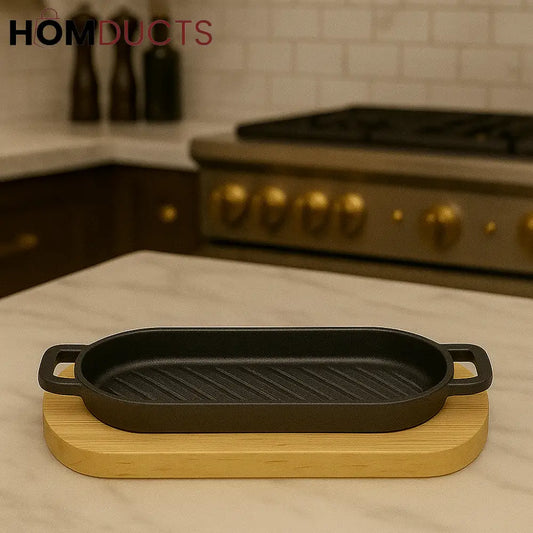 Premium Cast Iron Grill Pan with Wooden Base – Oval Sizzler Platter