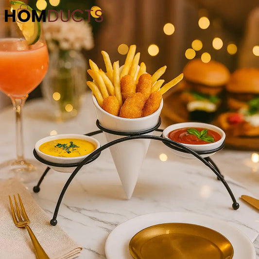 Premium Ceramic Snack Cone Server with Dual Sauce Bowls – Fries & Finger Food Platter Stand