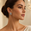 Premium Diamond-Look Square Crystal Halo Stud Earrings worn by a female model
