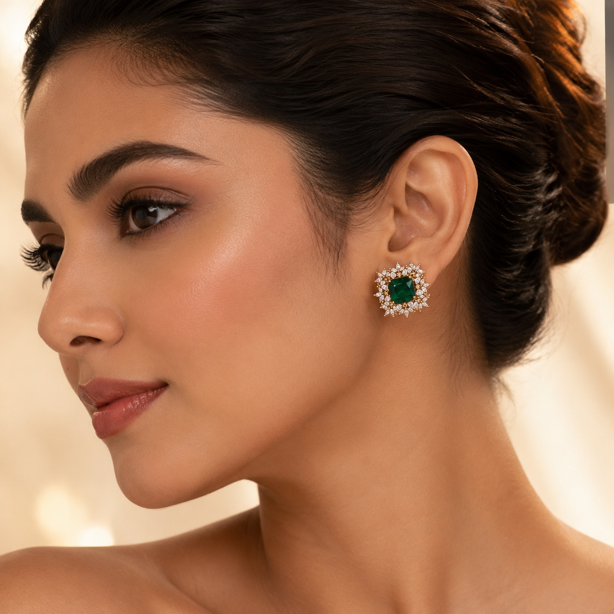 Premium Emerald Green Square Crystal Halo Stud Earrings worn by a female model