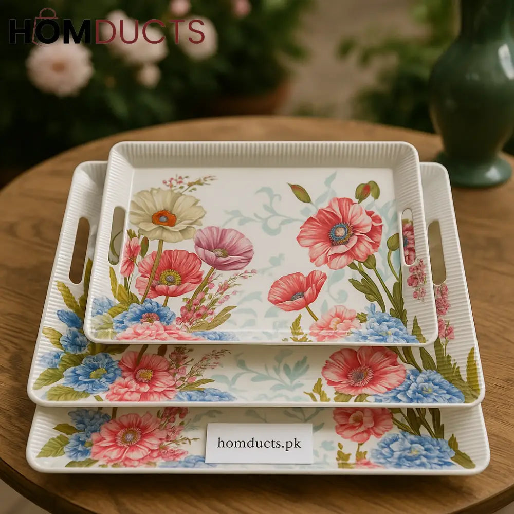 Premium Floral 3 Piece Serving Tray Set – Elegant Rectangular Design