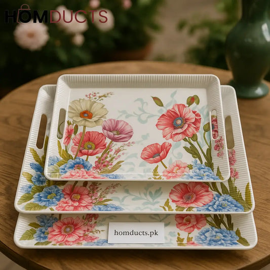 Premium Floral 3 Piece Serving Tray Set – Elegant Rectangular Design