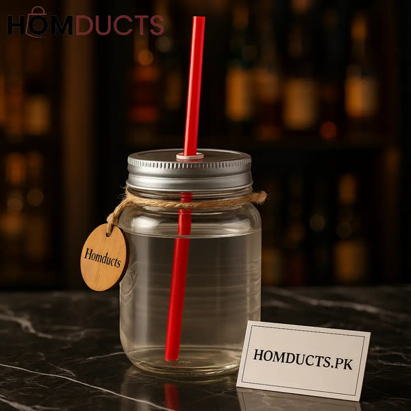 Premium Glass Mason Jar with Lid & Straw – 500ml
