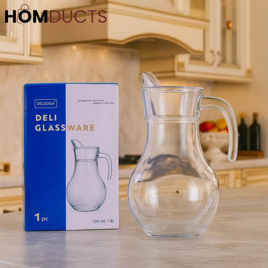 Premium Glass Water Jug – 1.8L Clear Pitcher with Handle and Spout for Juice Milk or Beverages
