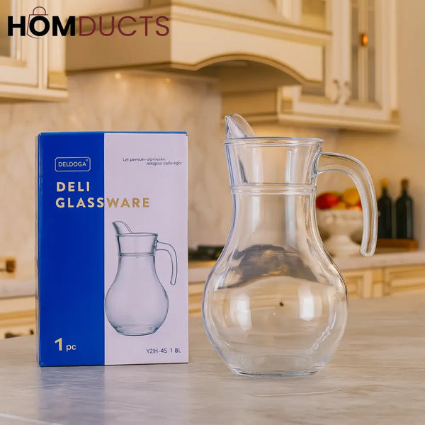 Premium Glass Water Jug – 1.8L Clear Pitcher with Handle and Spout for Juice Milk or Beverages