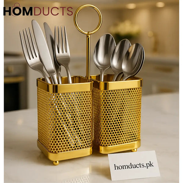 Premium Gold Double Utensil Holder with Cutlery Organizer