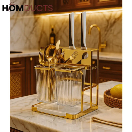 Premium Gold Glass Cutlery Holder Set – Dual Kitchen Utensil Organizer