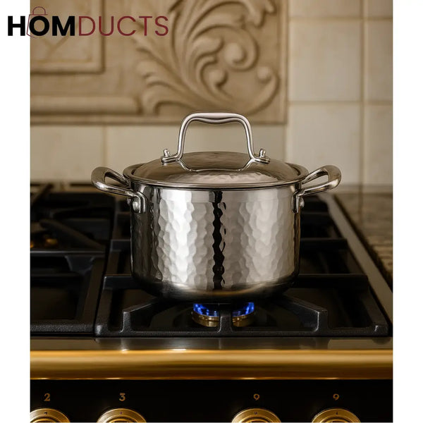 Premium Hammered Stainless Steel Cooking Pot with Lid – Elegant Casserole for Luxury Kitchens
