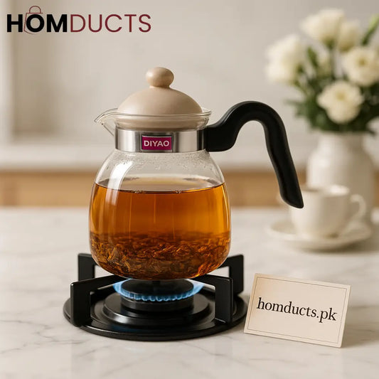 Premium Heat Resistant Glass Tea Kettle with Wooden Lid & Ergonomic Handle